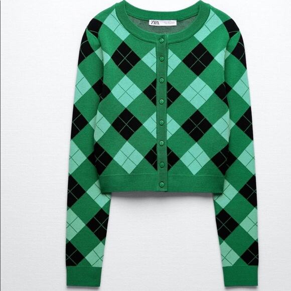 Zara Green Argyle Knit Cardigan Bloggers Favorite Size Medium - Picture 5 of 6